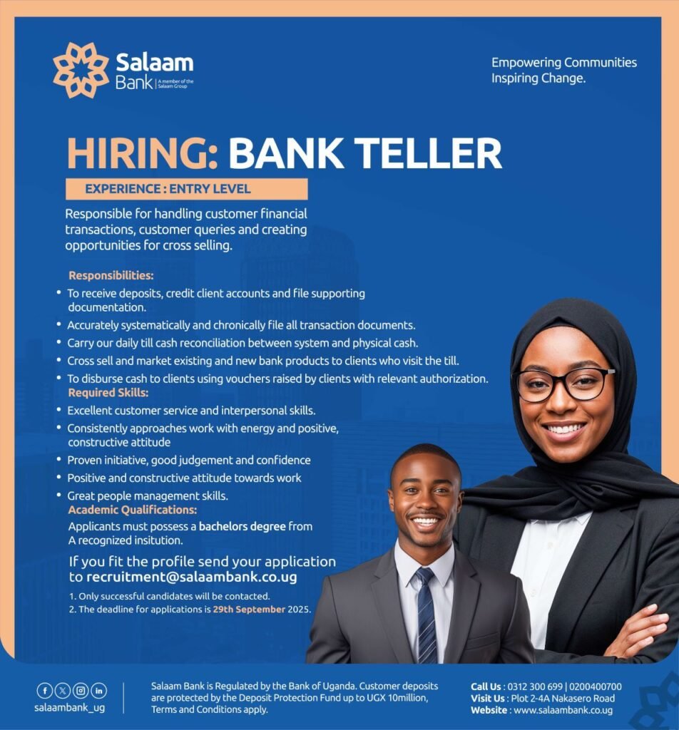 Bank teller Job vacancy at Salaam Bank Uganda 